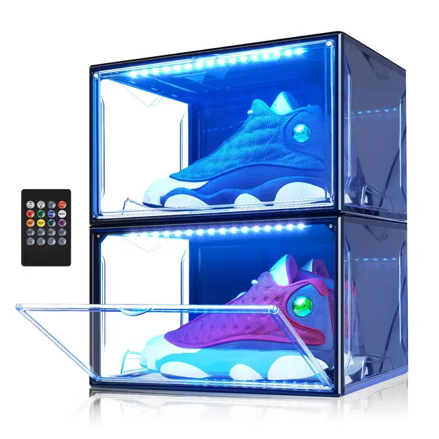 Oltraman LED Schuhboxen Stapelbar, 2er Set, Schuh-Organizer aus Kunststoff, Schuhaufbewahrung Platzsparend, Musik Sound-aktiviert und Fernbedienung, Transparent-schwarz