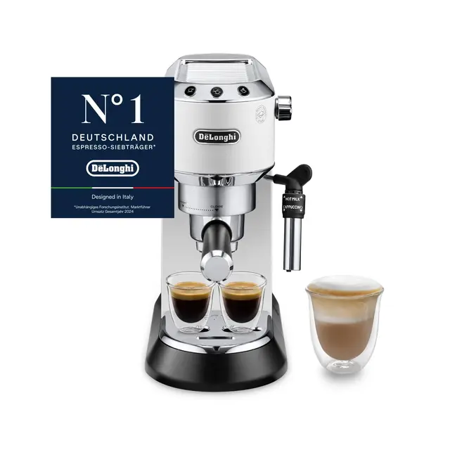 De'Longhi Dedica Style - Perfetto Kompakte Siebträgermaschine Espressomaschine mit Tasten, manuellem Milchaufschäumer für Espresso und Cappuccino, ESE Pad geeignet, 15cm breit, Weiß (EC685.W)