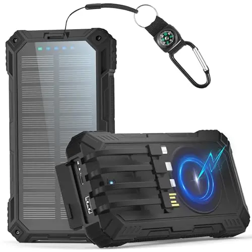 Solar Powerbank 56800mAh, 30W Solarladegeräte PD 3.0A USB C Schnellladen mit 4 Kabeln, 3 Port (2 USB/Type-c), 15W Wireless Charger, LED Leuchtanzeigen, Taschenlampe, Externe Handy-Akkus für Smartphone