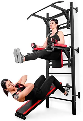 Hop-Sport Sprossenwand mit Klimmzugstange, Dip Station & Sit-Up-Bank | Wand Kraftstation für Zuhause | Calisthenics & Krafttraining | Max. Belastung 150 kg