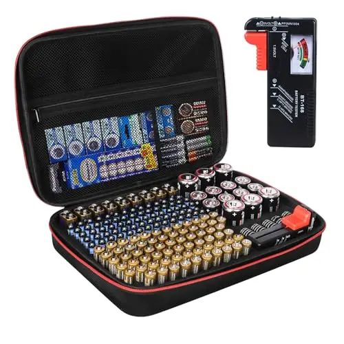 Batterie Aufbewahrungsbox Organizer mit Tester Hält 200+ Batterienn, Batteriebox mit großer Kapazität, Batteriehalter Koffer Behälter Tragetasche, passend für Batterien AA, AAA, C, D, 9 V