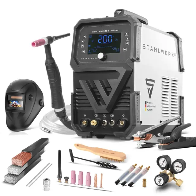 STAHLWERK Schutzgasschweißgerät 3-in-1 Kombi AC/DC WIG 200 ST Digital – Vollausstattung – WIG & MMA (E-Hand/ARC) bis 200 A, Clean-Modus zur elektrochemischen Reinigung von Edelstahlschweißnähten
