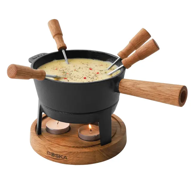 BOSKA Fondue Set Pro S - 2 bis 4 Personen - Käsefondue Teelichter mit Stil - 700 ml Inhalt für 350 gr Geschmolzenen Käse [Ink. Fonduegabeln] [Stabile, Eichenholz und Edelstahl]