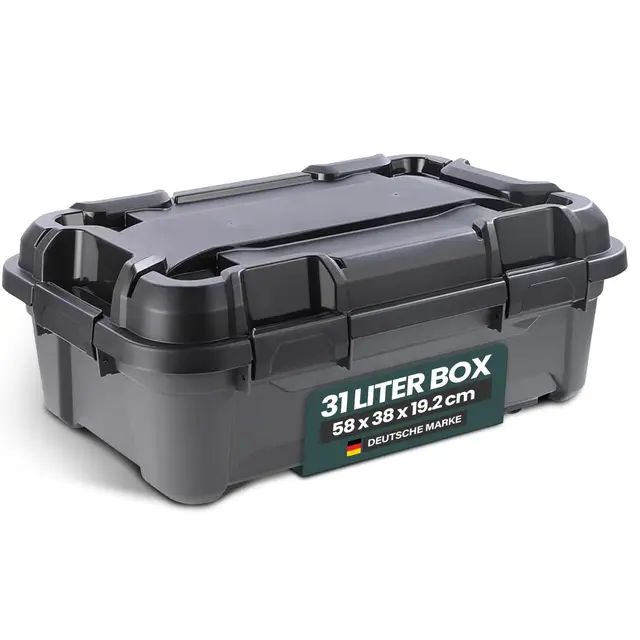 Kreher® Lagerbox Bunker Tough Aufbewahrungsbox mit Deckel und Silikondichtung (IP67/IPX7). Aus robustem Kunststoff in verschiedenen Größen. Ideal für feuchte Räume, Keller, Garage, Camping uvm. (31L)