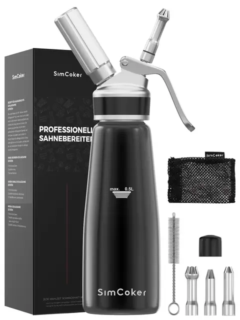 Professioneller Sahnespender aus Aluminium 500ml / 1 Pint, auslaufsicher für Desserts und Kaffee, 3 Dekorationsaufsätze, lebensmittelgeprüft, N2O Kapseln Nicht enthalten