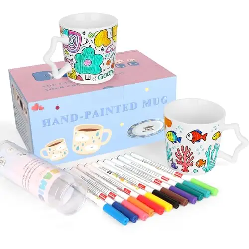 Topspitgo Keramik Bemalen Set, Tassen bemalen set für erwachsene diy kreativ zuhause kunstbedarf, 2 Tasse with porzellanstifte (12 Farben)