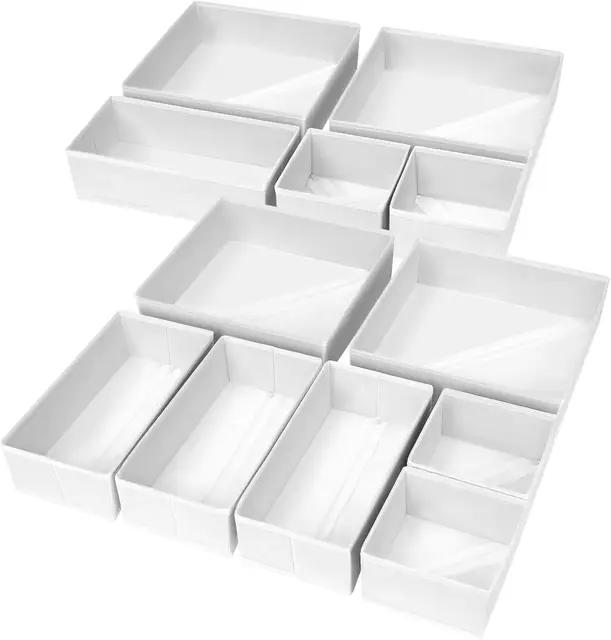 DIMJ Schubladen Ordnungssystem - Schubladen Organizer, Aufbewahrungsbox Stoff Faltbare Unterwäsche Organizer, Kleiderschrank Organizer für Kleidung, BHS, Socken, Krawatten, 12 Stück, Weiß