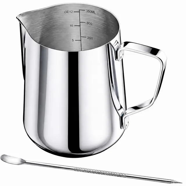 Edelstahl Milchkännchen, 350ml/12oz Milchaufschäumer Kanne, Milchkanne Edelstahl Milchkanne Barista mit Skala, Espressokännchen, Milk Jug für Espresso, Cappuccino, Latte, mit Latte Art Stifte