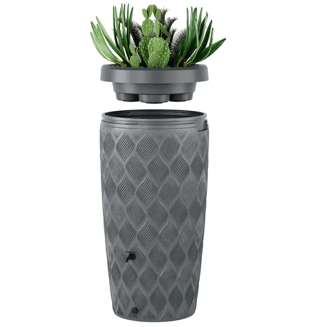 Regentonne-Regenfass 240 Liter mit im Deckel integrierter Pflanzschale Modell Flow Farbe anthrazit Regenwassertank mit Wasserhahn