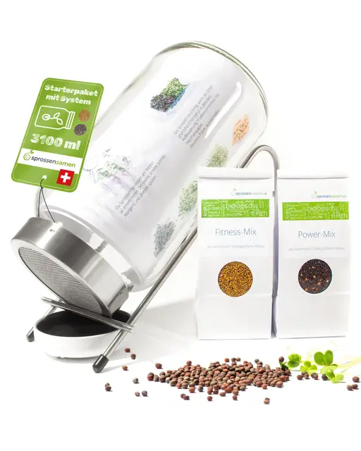 Starterpaket 3100ml mit Fitness-Mix Bio 250g & Power-Mix Bio 250g - Keimglas für Sprossen - inkl. Sprossenglas Deckel, Ständer, Sieb & Unterteller