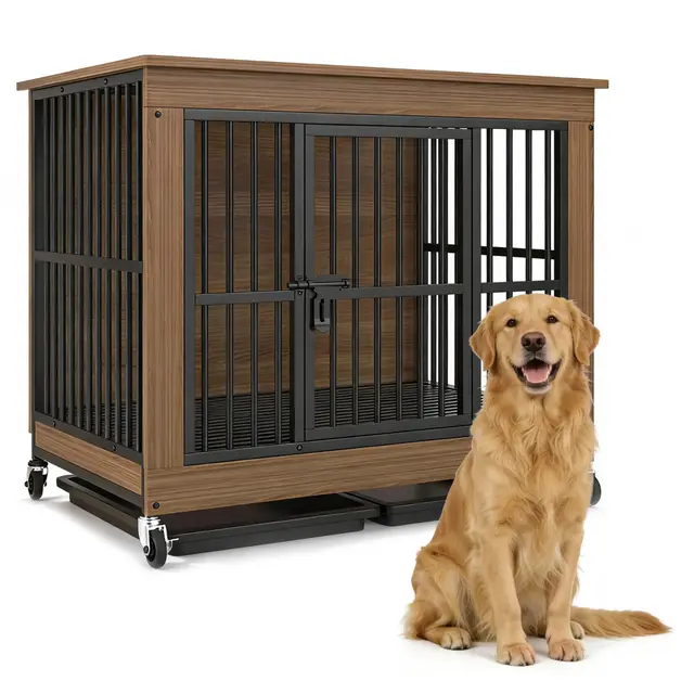 Hundekäfig für Zuhause XXL mit Rollen Bodenwanne große/mittlere Hunde für den Innenbereich Holz Metall möbel Hundemöbel (112x74x96cm)
