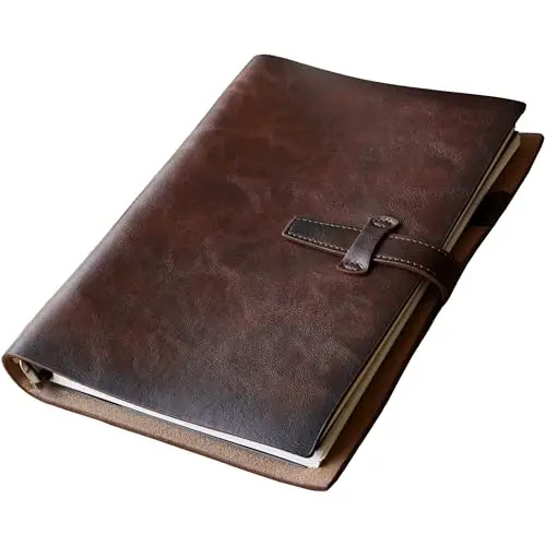 Nachfüllbares A5-Leder-Notizbuch, wiederverwendbares Leder-Tagebuch, Vintage-Organizer mit 6-Ring-Metallbinder, 120 Seiten, liniertes Papier und Tasche, für Schriftsteller, Geschäft, Arbeit, Studium