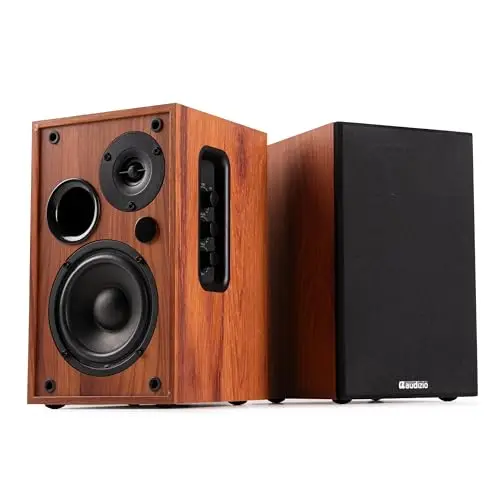 Audizio KS02-80W HiFi Lautsprecher Boxen Paar | Bluetooth | Regal Lautsprecher Boxen aktiv für Heimkino & Musik | Tieftöner & Hochtöner | Kompakt & Kraftvoll in Braun