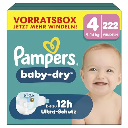 Pampers Baby-Dry Größe 4, 222 Windeln, 9kg-14kg, Bis zu 100% Auslaufschutz & Komfort die ganze Nacht