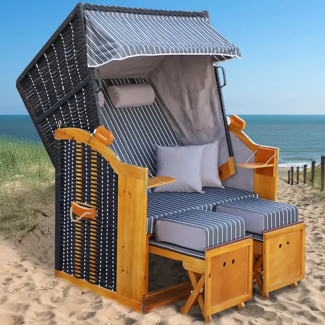 BRAST Strandkorb Rügen Deluxe | für 2 Personen | 120cm breit | 5 Designs | inkl. wetterfeste Abdeckhaube | verstellbare Rückenlehne weiches Fußkissen | Anthrazit/Weiß - Nadelstreifen