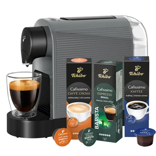 Tchibo Cafissimo „Pure plus“ Kaffeemaschine Kapselmaschine inkl. 30 Kapseln für Caffè Crema, Espresso und Kaffee | 0,8l | 1250 Watt | 11,9 x 33,7 x 24 cm | Grey