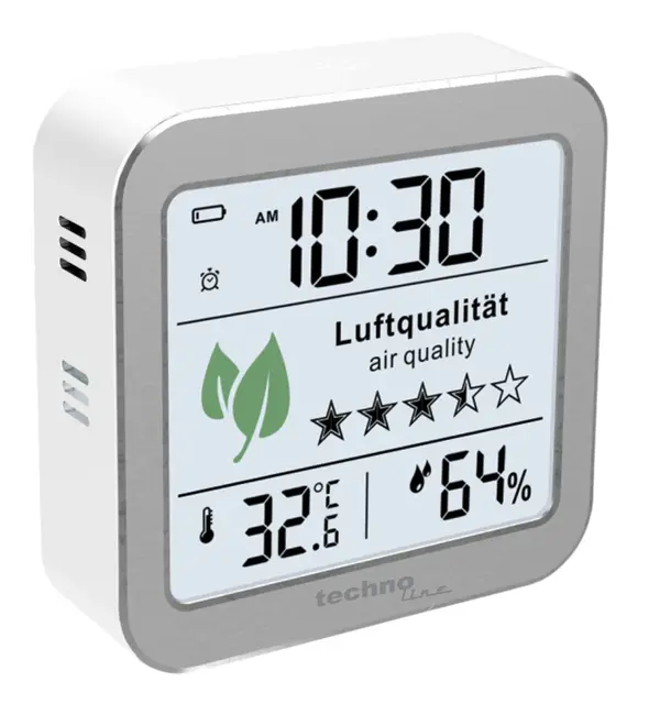 WL1020 Funkwanduhr mit Luftgüteanzeige, Temperatur & Luftfeuchtigkeit, TVOC-Sensor, 5-Sterne-Bewertung, Alarm, 12/24h-Format und Schlummerfunktion – Weiß mit LED-Hintergrundbeleuchtung