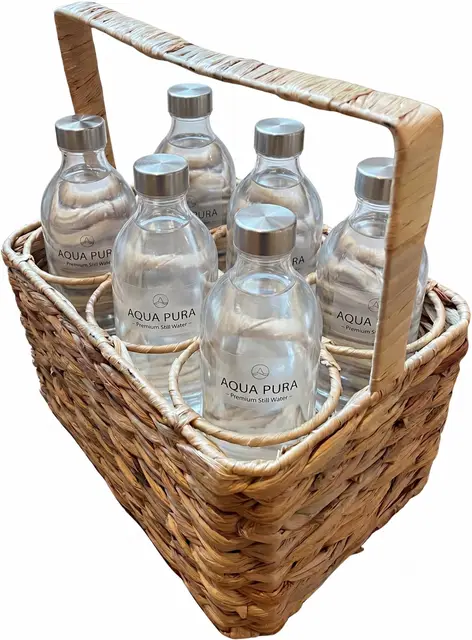 Flaschenträger für 6 Flaschen aus Wasserhyazinthe – Geflochtener Flaschenkorb mit Klappgriff – Getränkekorb für 1,5 Liter Wasser-, Wein- & Bierflaschen – Deko Flaschentasche Natur – 32 x 22 x 18 cm