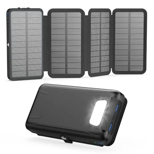 Solar Powerbank 20000mAh – A ADDTOP Solar Ladegerät mit 22.5W Schnellladung, 2 USB-A Ausgäng, 1 USB-C Eingangs-/Ausgang , 4 faltbaren Solarpanels, Ladegerät Externer Akku für Handys Camping Schwarz