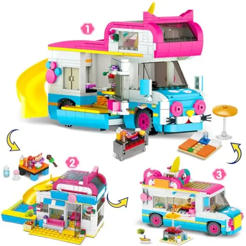 CUBIMANA 3-in-1 Wohnmobil Bausteine Spielzeug, Campingbus Wohnwagen Konstruktionsspielzeug mit Rutsche und Aufklebern, Geschenke für Kinder Mädchen und Jungen ab 6 7 8 9 10 11 12+ Jahre (494PCS)