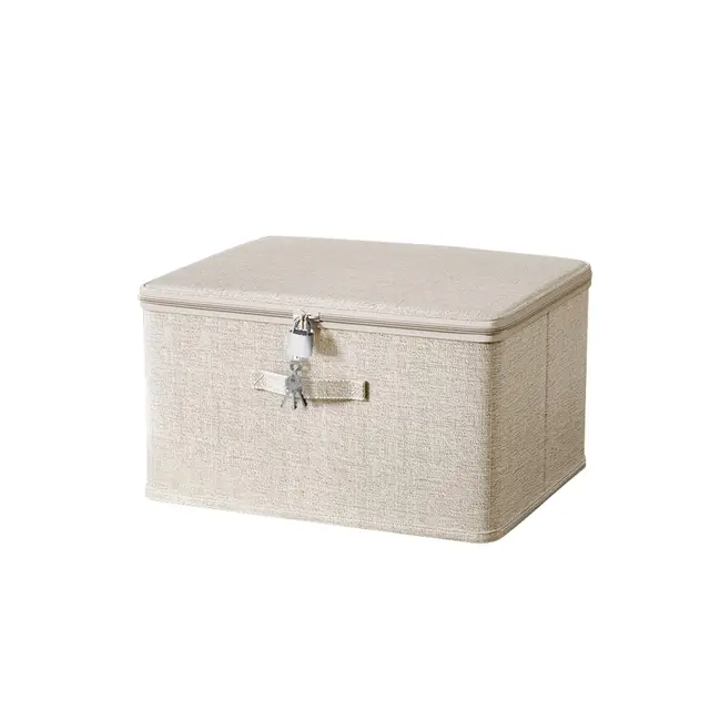 ACESOME Abschließbare Box mit 4 Schlüsseln, Aufbewahrungsbox Stoff, Verschließbare Box, Box mit Schloss, Faltbare Organizer Box Für Kleidung Toys (Beige, 30 x 20 x 14cm)