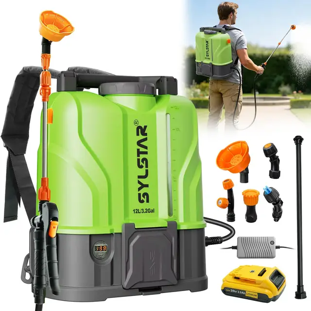 SYLSTAR Drucksprüher Akku 12L, 7Bar Stark Rückenspritze Akku Kompatibel mit DeWalt 18V Batterien, 5 Düsen Elektrische Unkrautspritze Einstellbare Sprühstärke (Inklusive Ladegerät