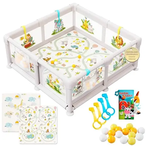 Baby Laufstall 150x150cm mit Illustrationen, Gepolsterter Spielbereich mit Wendbarer Matte, Stoffbuch, Bunten Bällen und Halteringen