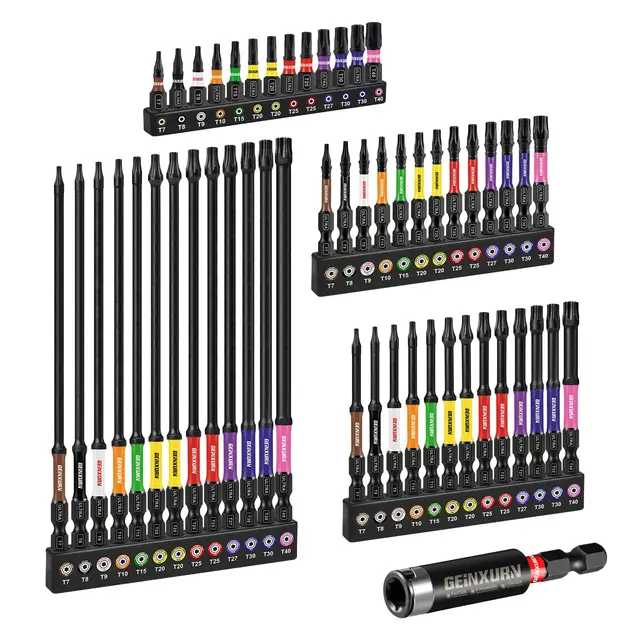 GEINXURN 52tlg. Torx Schrauber Bit Set Schlagfester T7-T40 25mm 50mm 75mm 150mm Länge, 1/4" Sechskantschaft S2 Legierter Stahl Bitsatz mit 1tlg. 60mm Magnetische Bit-Halter, Farbcodierte Basis