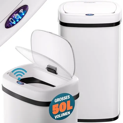 Monzana® Mülleimer mit Sensor Küche 50L Weiß Edelstahl Automatik Deckel Klemmring inkl. USB-Kabel Smarter Abfalleimer Papierkorb Groß LED Anzeige