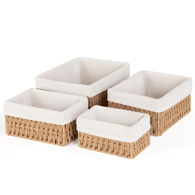 Geflochtener Aufbewahrungskorb mit Futter,4 Stück Körbchen Handgewebt Korb Boho DekoAufbewahrung Klein Geflochten Handgewebte Box aus Papierseil für Bad, Make-up,Tischplatten,Schrank(Jute)