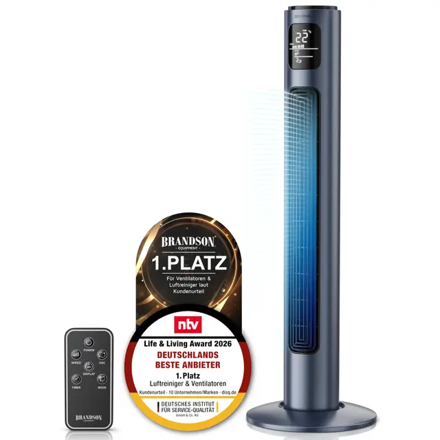 Brandson - Turmventilator mit Fernbedienung - Preisträger 2026 - Oszillation 60° - Standventilator - mobiler Lüfter - Säulenventilator - 96 cm - Ventilator 3 Geschwindigkeitsstufen - GS - dunkelblau