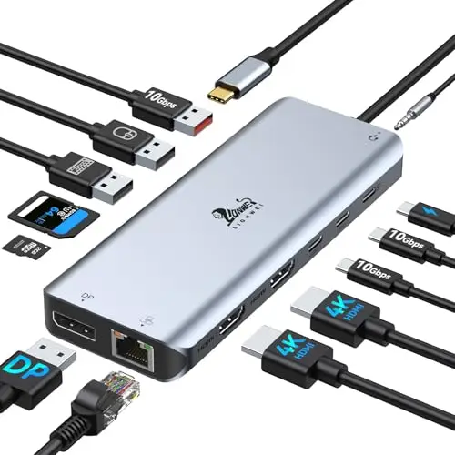 USB C Docking Station Dual Monitor Dockingstation Laptop 13 in 1 USB-C Hub Triple Display mit 2 HDMI, DisplayPort, 5 USB Ports, Gigabit Ethernet, 100W PD, SD/TF, Audio/Mic für Dell HP Surface und mehr