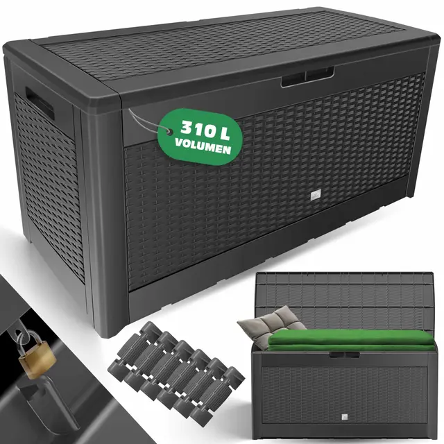 KESSER® Auflagenbox Kissenbox 𝟯𝟭𝟬𝗟, Klicksystem, mit Rollen & Haltegriffen, Deckel mit Hubautomatik, abschließbar, bis zu 290kg, Gartenbox Wasserdicht, Vielseitige Kissenbox, Rattanoptik-Anthrazit