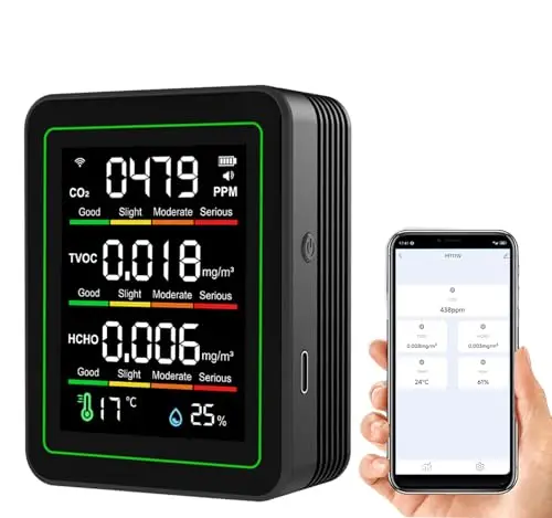 5 in1 Smart Air Quality Monitor: WiFi Indoor Air Quality, Meter Detects TVOC, CO2, HCHO, Temperature and Humidity, for Home and Office with App Control