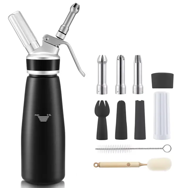Sahnespender 500 ml, Professioneller Aluminium Sahnesiphon, mit 3 Edelstahl Deko-Düsen 3 Kunststoffdüsen und 2 Reinigungbürste, Auslaufsicherer sahnesiphon für die Zubereitung von Schlagsahne, Creme,