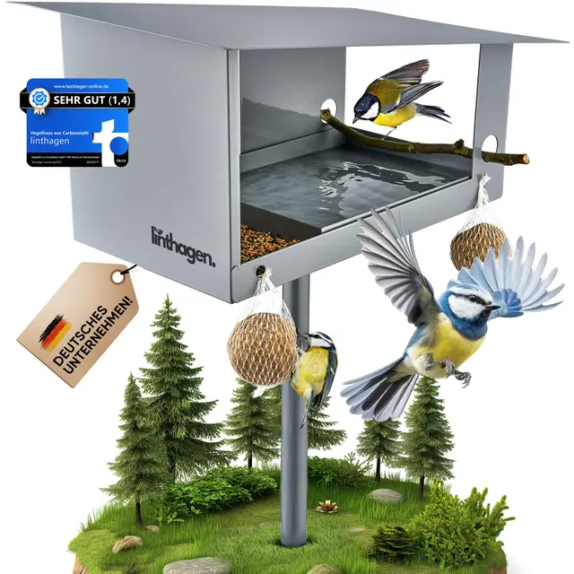 Vogelhaus mit Ständer [wetterfest] - 3-in-1 Futterhaus für Vögel - großes, Robustes Vogelhäuschen, Vogelvilla, Futterhäuschen stehend | Langlebig, wetterfest & leicht zu reinigen | linthagen