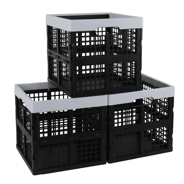 Quadratische Faltkisten aus Kunststoff, 18 l, 28 x 28 x 27 cm, Würfel-Aufbewahrungsboxen, faltbarer Kunststoff-Aufbewahrungskorb, schwarz, 3 Stück
