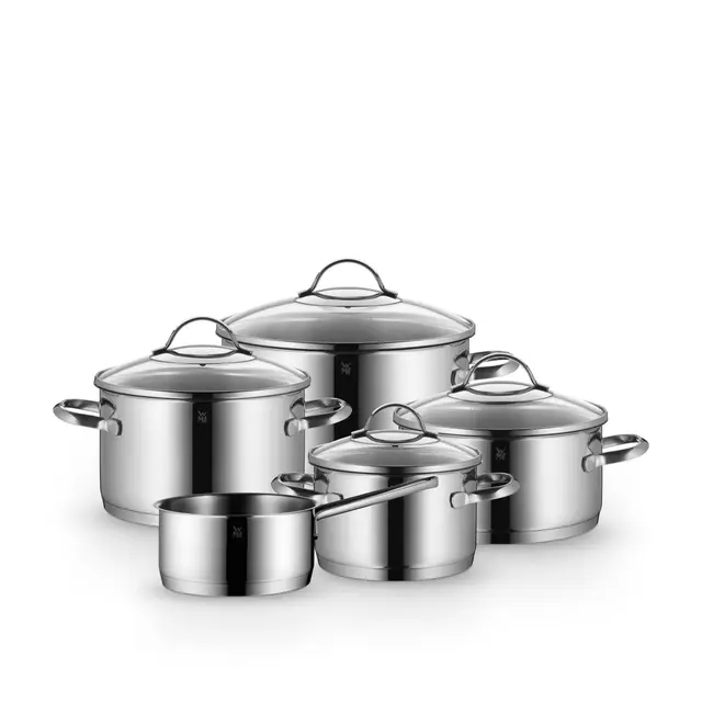 WMF Provence Plus Topfset 5-teilig für Induktion und alle Herdarten, Töpfe aus Cromargan Edelstahl mit Glasdeckel, breitem Schüttrand, spülmaschinenfest, unbeschichtet, Kochtopfset für gesundes Kochen