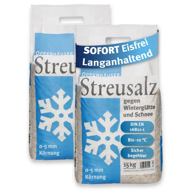 Streusalz: 30kg Sofort eisfrei & langanhaltend DIN EN 16811-1 | Auftausalz gegen Glatteis, Winterstreu für sichere Gehwege, Einfahrten & Parkplätze, Kornklasse M, Premium, 30kg