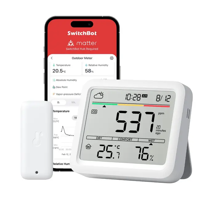 SwitchBot WLAN CO2-Melder, CO2 Messgerät mit IP65 Thermometer Hygrometer, Luftqualität Messgerät mit CO2-Alarm, Bluetooth CO2 Sensor mit APP, 2 Jahre Datenspeicher