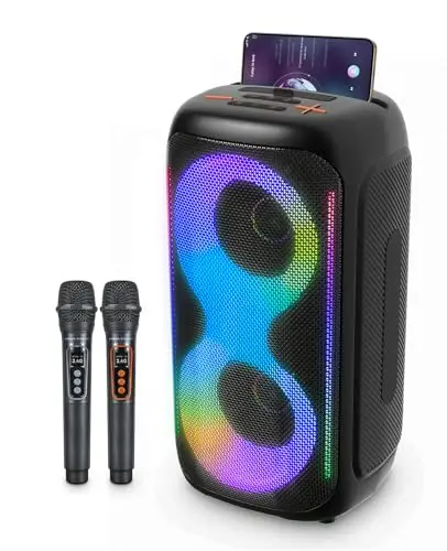 GKD40 Tragbare Karaoke-Maschine für Erwachsene, Bluetooth-Lautsprecher mit PA-System, 2 kabellose Mikrofone, Party-Lautsprecher mit LED-Licht, 4-Zoll-Woofer für Zuhause und Outdoor-Partys