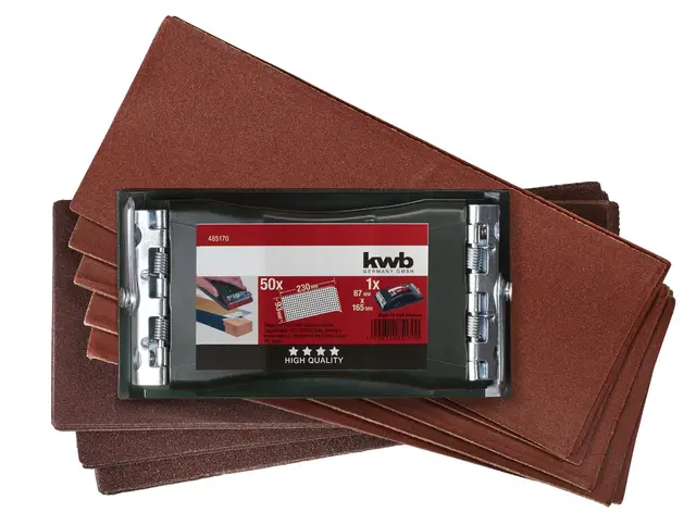 kwb Profi Handschleifer-Set - Inklusive Schleifklotz und 50 Schleifstreifen - Ideal für Lack, Farbe, Spachtel, Holz, Metall und mehr
