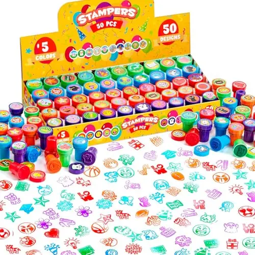 JOYIN 50 Stück mini Stempel Kinder ab 2 Jahre-5 Farben, 50 Designs Kinder Stempel für Mitgebsel Kindergeburtstag, Stempelset Kleine Geschenke für Kinder, Weihnachten Halloween Gastgeschenke