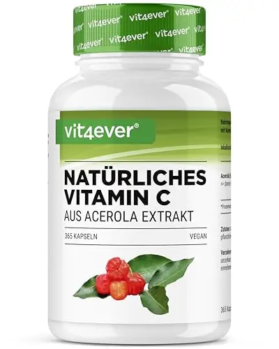 vit4ever Natürliches Vitamin C aus Acerola Extrakt - 365 Kapseln - Hochdosiert - Premium Rohstoff - Ohne unnötige Zusätze - Vegan
