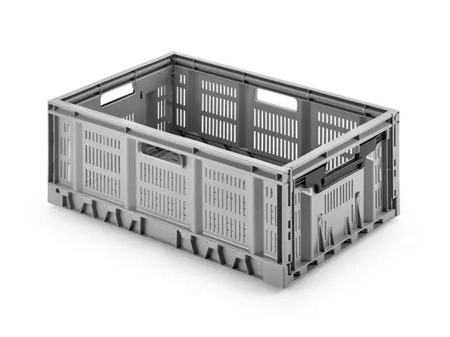 1a-TopStore Stabile Profi-Klappbox Faltbox, grau, 60x40x23cm (lxbxh) Wände durchbrochen/perforiert, klappbar u. stapelbar, Industriequalität aus DE, langlebig, 100% recylebar, lebensmittelecht