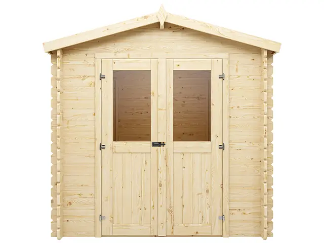 Holz Gerätehaus Mini 2 D | Gartenhaus | Wandstärke 28 mm | Blockbohlenbauweise | Naturbelassen | Satteldach | BxTxH: 220 x 220 x 214,5 cm | Inkl. Doppelflügeltür mit Echtglas | Ohne Fußboden
