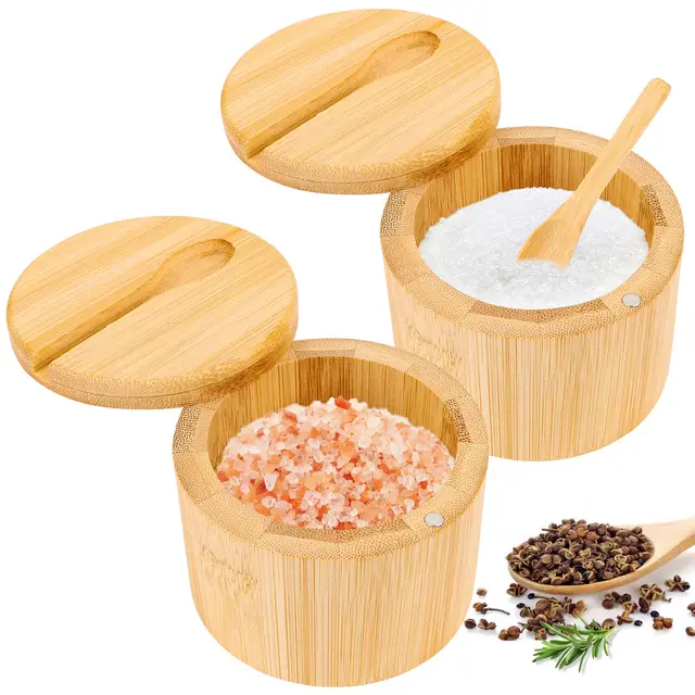2 Stück Bambus Salzdose,6oz Salzbehälter mit Magnetischem Schwenkdeckel und Löffel,Runde Aufbewahrungsbox für Küchen Aufbewahrung von Salz, Pfeffer, Gewürzgefäß,Kraut