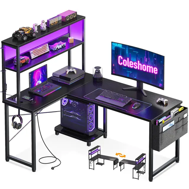 Coleshome Gaming Schreibtisch L-Form mit LED und Steckdosen