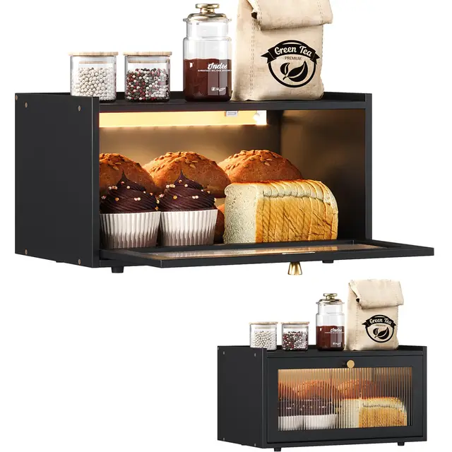 VEDECASA Bambus Brotbox mit LED Sensorlicht, Große Küchen Arbeitsplatte Brot Aufbewahrungsbox mit Fenster, Brotbehälter für Küchentheke Organizer, Schwarz