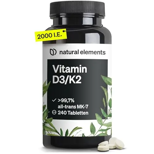 natural elements Vitamin D3 + K2 – > 99,7% all-trans MK-7 & 2000 IE Vitamin D3 – 240 Tabletten – hochdosiert, optimal bioverfügbar – ohne unnötige Zusätze – in Deutschland produziert